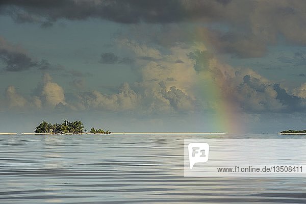 Regenbogen über den Gewässern von Tikehau Tuamotus Französisch-Polynesien Ozeanien