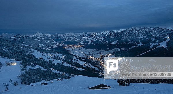 View at dawn from Hochbrixen to Brixen im Thale  Kirchberg and KitzbÃ¼hler Alps  Tyrol  Austria  Europe