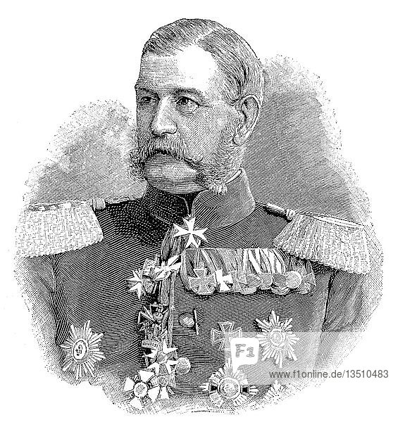 Max Ferdinand Karl von Boehn  16. August 1850  18. Februar 1921  war ein preußischer Offizier im Deutsch-Französischen Krieg und Weltkrieg  Holzschnitt aus dem Jahr 1888  Deutschland  Europa
