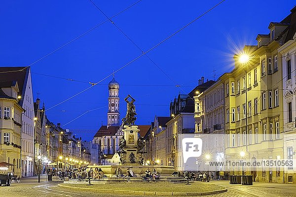 Hercules Fountain Maximilianstraße Church of St. Ulrich and Afra dusk twilight Maximilianstraße Augsburg Swabia Bavaria Germany Europe