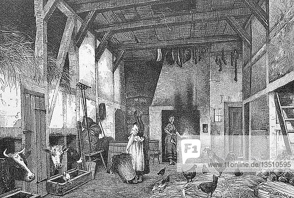 Alt-sächsisches Wohnhaus und Bauernhaus in der Altmark Menschen und Tiere leben zusammen Holzschnitt 1885 Deutschland Europa