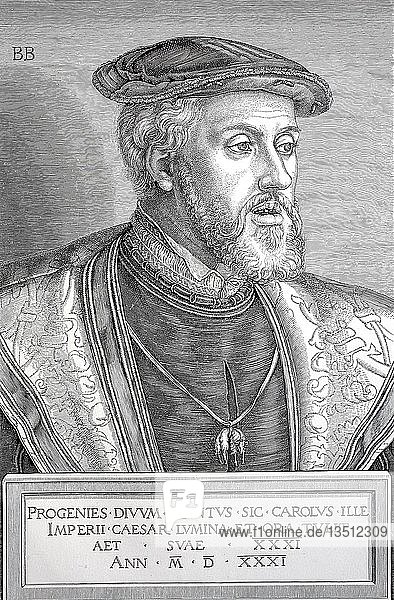 Porträt von Kaiser Karl V. im Alter von 31 Jahren  24. Februar 1500  21. September 1558  1880  Holzschnitt  England
