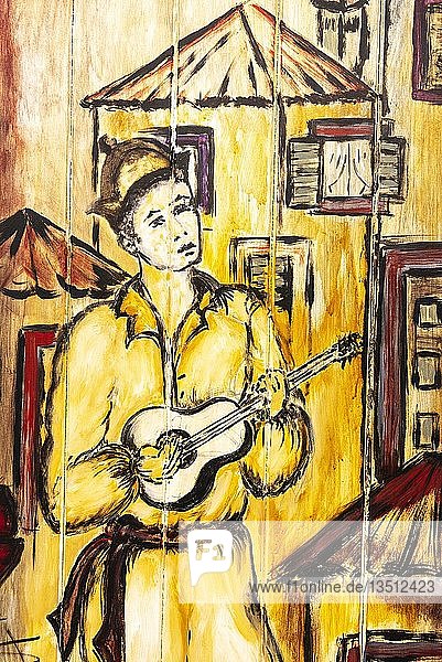 Musiker mit portugiesischer Gitarre, kunstvoll bemalte Haustür, Malerei, Straßenkunst, Funchal, Madeira, Portugal, Europa