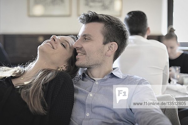 Young couple in a café  Stuttgart  Baden-Württemberg  Germany  Europe