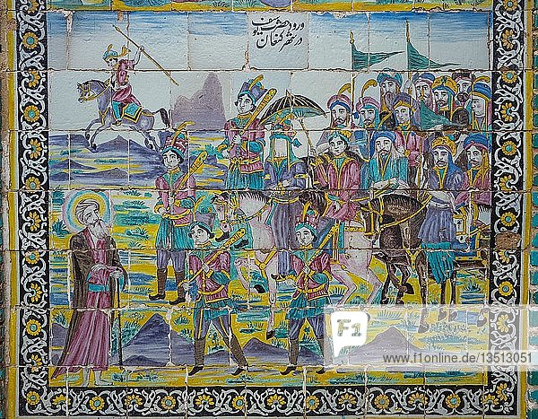 Kachelbild mit Szene aus der persischen Geschichte  Blumendekor  Moschee Tekyeh Moaven-ol Molk  Kermanshah  Iran  Asien