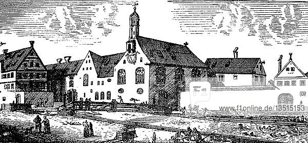 Badende Kinder in Augsburg vor der Ursulakirche  Bayern  1750  Holzschnitt  Deutschland  Europa