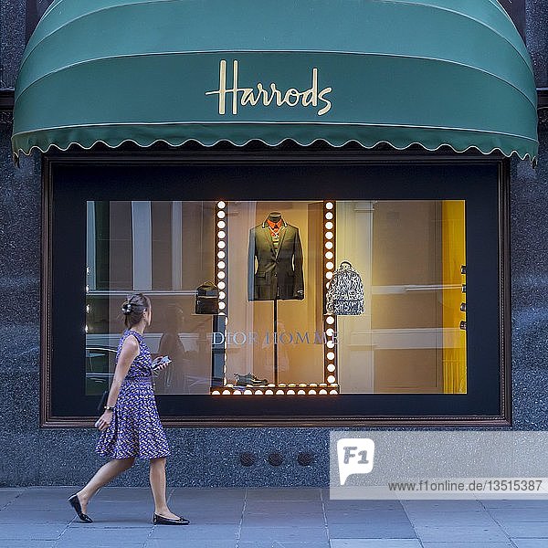 Passantin vor einem Schaufenster Kaufhaus Harrods London Großbritannien Europa
