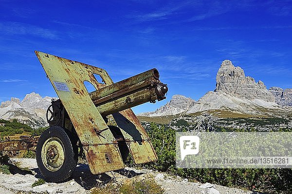 Kanone  Freilichtmuseum des Ersten Weltkriegs  Monte Piana  Hochpustertal  Sexten Dolomiten  Südtirol  Italien  Europa