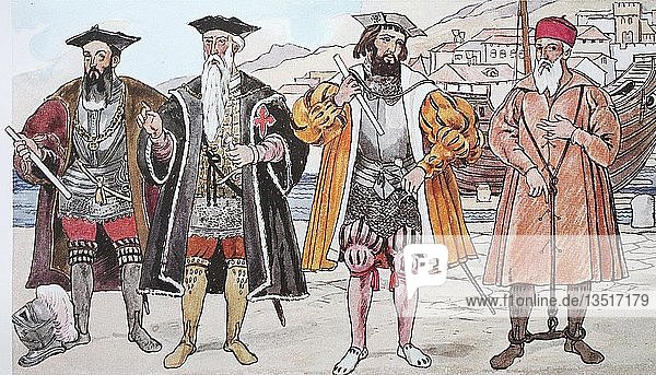Mode in Spanien und Portugal um 1500-1540  portugiesische Entdecker  von links  Vasco de Gama  dann Alfonso d Albuquerque  dann Nono da Cunha und Pedro de Mascarenhas  Illustration  Portugal  Europa