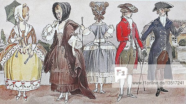 Mode  Kleidung  Volkstrachten in Frankreich zur Zeit Ludwigs XVI.  Illustration  Frankreich  Europa