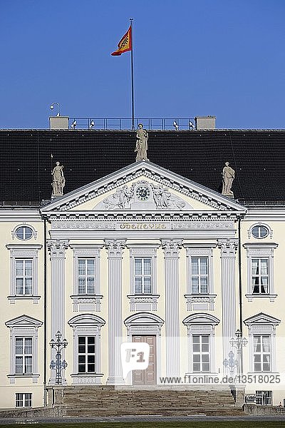 Main entrance with a flag of the Federal President  Schloss Bellevue Palace  seat of the German Federal President  Berlin  Germany  Europe