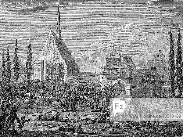 Einzug der Alliierten in Leipzig am 13. Oktober 1813  durch das Grimmaische Tor und links die Paulinerkirche  Holzschnitt  Deutschland  Europa