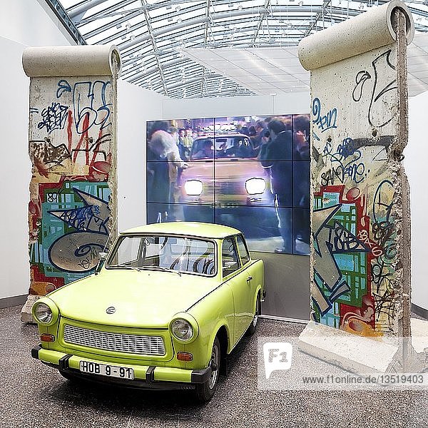 Original Berlin Wall with Trabi and film of the opening of the Berlin Wall in 1989  Haus der Geschichte  Bonn  North Rhine-Westphalia  Germany  Europe