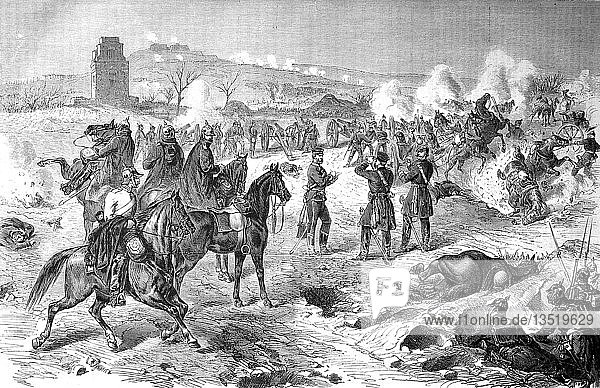 Verteidigungsaktion auf dem Mont-Valerien bei Paris am 19. Januar 1871  Stellung der Artillerie des IV. Armeekorps bei Chatou  Deutsch-Französischer Krieg 1870/71  Holzschnitt  Frankreich  Europa
