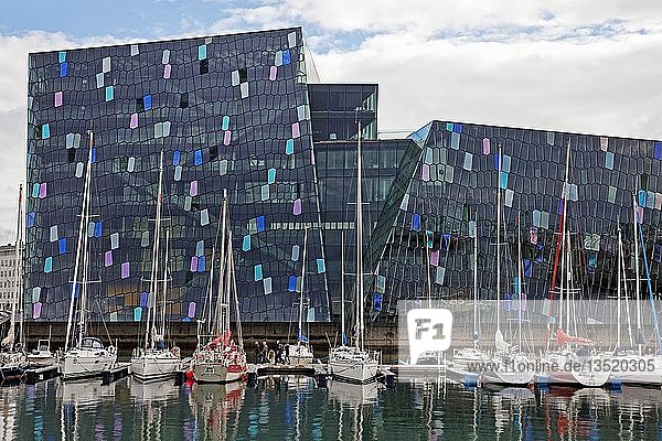Harpa Concert Hall with marina  dichromatic glass facade with colour effects by Olafur Eliasson  Reykjavik  Iceland  Europe
