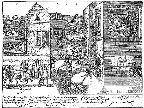 Bartholomäusnacht  Pogrom an französischen Protestanten  den Hugenotten  in der Nacht vom 23. auf den 24. August 1572  dem Bartholomäustag  Holzschnitt  Frankreich  Europa