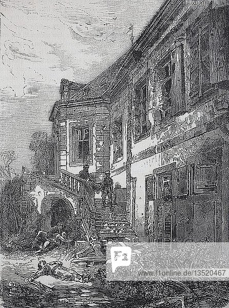 Tote Soldaten und das zerstörte Schloss Schafenburg auf dem Gaisberg bei Heidelberg nach der Erstürmung  Deutsch-Französischer Krieg oder Deutsch-Französischer Krieg 1870/1871  Holzschnitt
