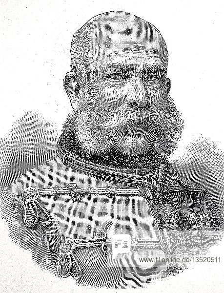 Franz Joseph I.  18. August 1830  21. November 1916  auch Erzherzog Franz Joseph Karl von Österreich aus dem Hause Habsburg-Lothringen  Kaiser von Österreich  Holzschnitt  Österreich  Europa