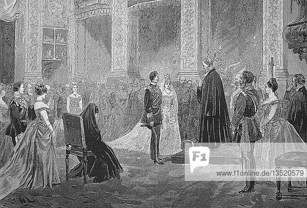 Hochzeit von Prinz Heinrich von Preußen und Prinzessin Irene von Hessen 1888  in der Kapelle des Schlosses Charlottenburg  Berlin  Holzschnitt  Deutschland  Europa