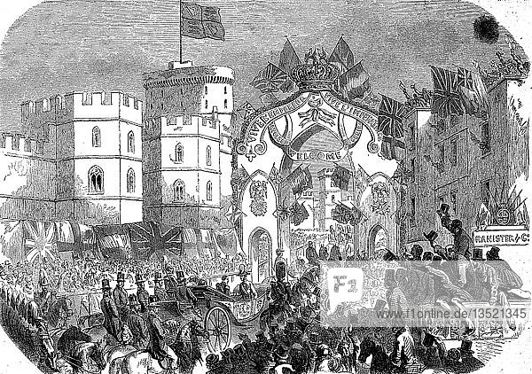 Die Ankunft des französischen Kaisers Napoleon auf Schloss Windsor  1855  Holzschnitt  England