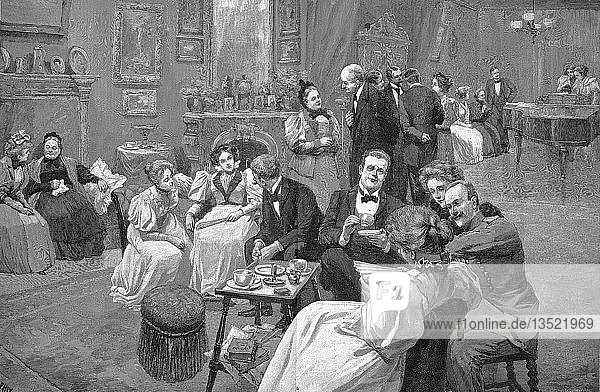 Empfangstag  Männer und Frauen der vornehmen Gesellschaft bei einem Empfang mit einem Adligen  Teetrinken  Konversation  Holzschnitt  1888  England