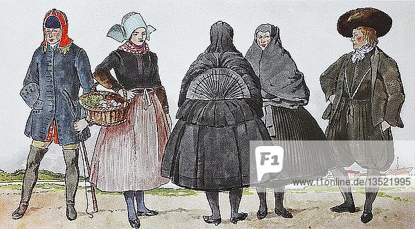 Menschen in Trachten  Mode  Kleidung in Dänemark  Volkstrachten um 1800  Illustration  Dänemark  Europa