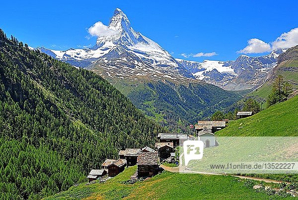 Hamlet Findeln with Matterhorn 4478m  Zermatt  Mattertal  Valais  Switzerland  Europe