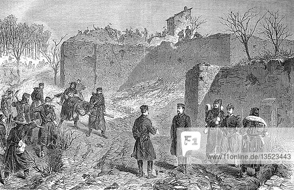 Soldaten demolieren französische Batterien auf dem Berg Abron  Deutsch-Französischer Krieg 1870/71  Holzschnitt  Frankreich  Europa