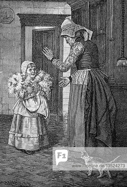 Das Glückwunschkind gratuliert der Großmutter zum Geburtstag mit einem Blumenstrauß 1880 Holzschnitt Deutschland Europa