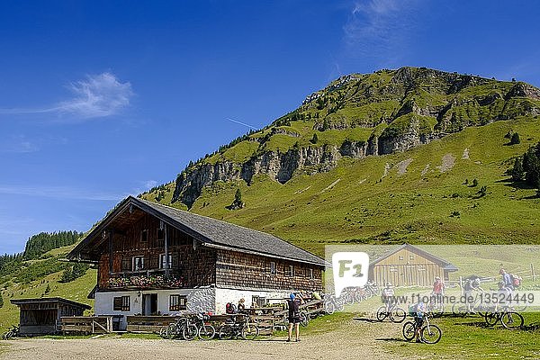 Mountainbiker bei der Rotwandhütte  Rotwandalm  unterhalb von Juifen  Tirol  Österreich  Europa