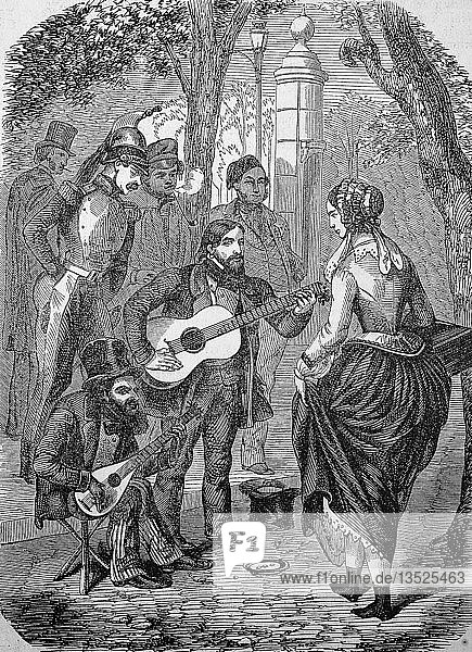 Straßenmusiker Gitarristen aus Böhmen bei einem Auftritt 1870 Holzschnitt England