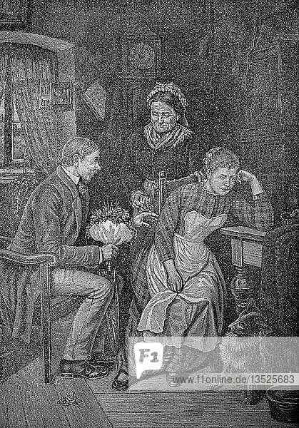 Der unangenehme Verehrer Junger Mann will ein Mädchen heiraten aber sie will ihn nicht 1880 Holzschnitt Deutschland.