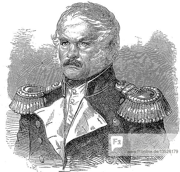 Aleksey Petrovich Yermolov oder Jermolov  Juni 1777  April 1861  General des 19. Jahrhunderts  der die russischen Truppen im Kaukasuskrieg befehligte  Holzschnitt  Russland  Europa