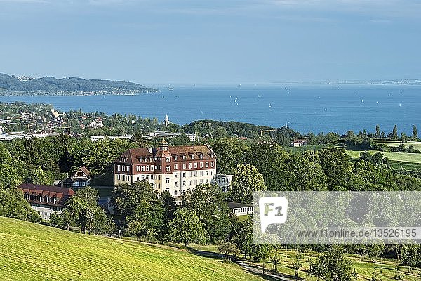 Blick über eine Wiese zum Bodensee mit Schloss Spetzgart  im Hintergrund die Stadt Überlingen  Bodenseeregion  Baden-Württemberg  Deutschland  Europa