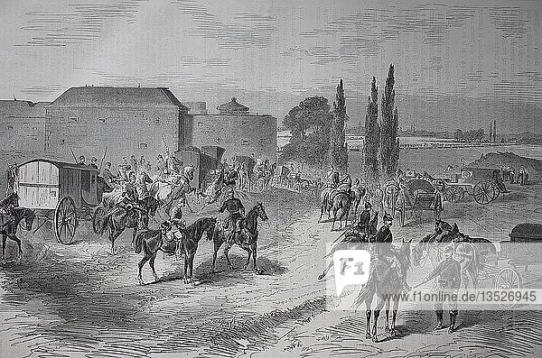 Das 12. Armeekorps überquert den Rhein beim Fort Montebello bei Mainz am 3. August 1870  Deutsch-Französischer Krieg oder Deutsch-Französischer Krieg 1870/1871  Holzschnitt  Deutschland  Europa
