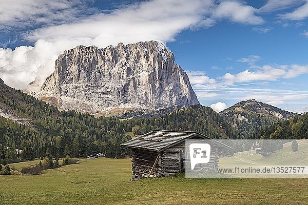 Hütte am Grödner Joch  Langkofel im Hintergrund  Grödnerjoch  Grödner Tal  Dolomiten  Südtirol  Italien  Europa