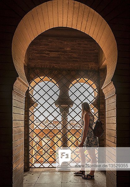 Woman is standing by window in archway  belfry La Giralda of Seville Cathedral  Catedral de Santa Maria de la Sede  Seville  Andalusia  Spain  Europe