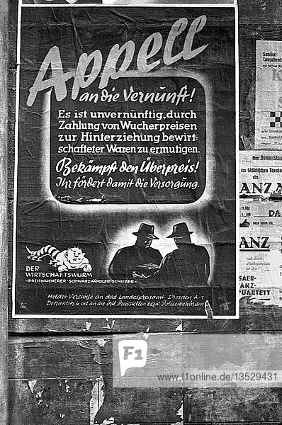 Polizeiplakat zu Wucherpreisen und Schwarzmarkt 1948 Leipzig Sachsen DDR Deutschland Europa