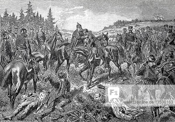 König Wilhelm und Kronprinz Friedrich Wilhelm am Abend nach der Schlacht von Königgrätz  auch bekannt als Schlacht von Sadowa  am 3. Juli 1866  Holzschnitt  Böhmen