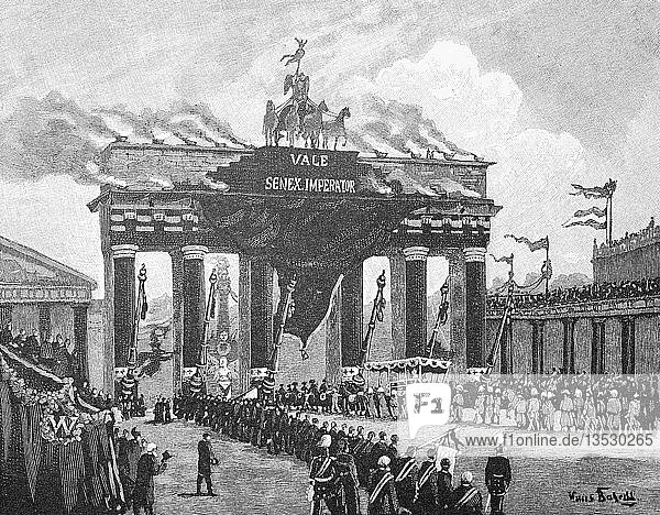 Trauerzug von Kaiser Wilhelm I.  1888  am Brandenburger Tor  Reproduktion einer Holzschnitt-Publikation aus dem Jahr 1888  Berlin  Deutschland  Europa