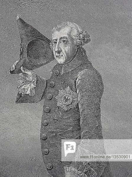Porträt Friedrichs II. oder Friedrichs des Großen  im Volksmund auch der Alte Fritz  24. Januar 1712  17. August 1786  König von Preußen  Holzschnitt  Deutschland  Europa