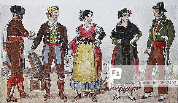 Menschen in Trachten Mode Kleidung in Spanien von 1810-1830 Illustration Spanien Europa