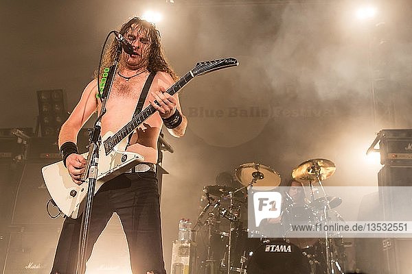 The Australian hard rock band Airbourne live at the Blue Balls Festival Lucerne  Switzerland Joel O' Keeffe  vocals and guitar David Roads  guitar Justin Street  bass Ryan O' Keeffe  drums