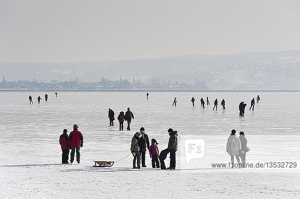 People walking on the ice of a frozen Lake Constance  Markelfinger Winkel  Radolfzell  Konstanz district  Baden-Wuerttemberg  Germany  Europe