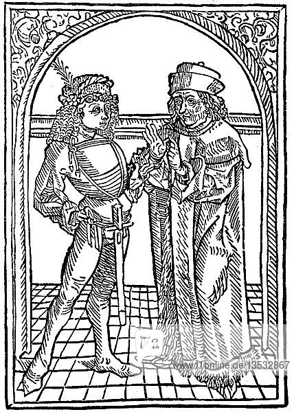 Lehrer und Schüler  Holzschnitt aus Robertus de Euromodio  Cato moralissimus  1497  Italien  Europa