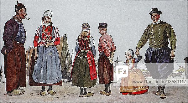Menschen in Trachten  Mode  Kostüme  Kleidung in den Niederlanden um das 19. Jahrhundert  verschiedene Arten von Trachten der Fischer auf der Insel Marken  Illustration  Niederlande