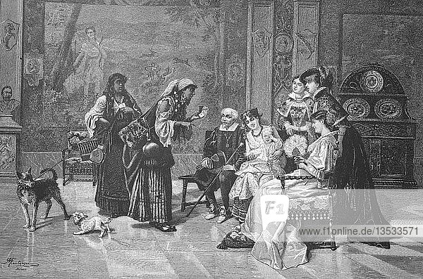 Wahrsager  Zigeuner besucht eine Familie  Prophezeiung durch Kartenspiel  Holzschnitt  1888  Frankreich  Europa