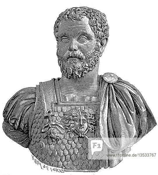 Antike Marmorbüste von Lucius Septimius Severus Pertinax  11. April 146  4. Februar 211  war römischer Kaiser  Holzschnitt  Italien  Europa