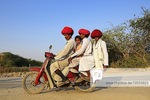 Four men from three generations riding together on a motorcycle  Rajasthan  India  Asia