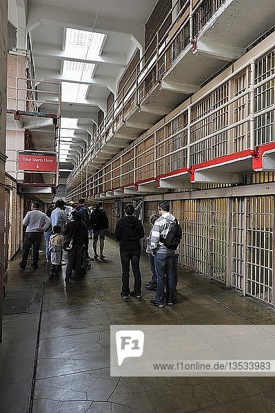 Tourists waiting during a guided tour through the prison  Alcatraz Island  California  USA  North America